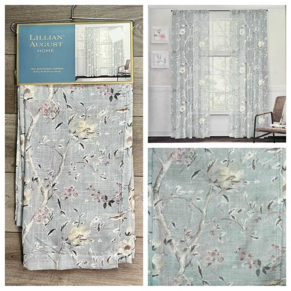 38 x 96 Lillian August Curtains Rod Pocket Birdsong Floral Seafoam Green Blue